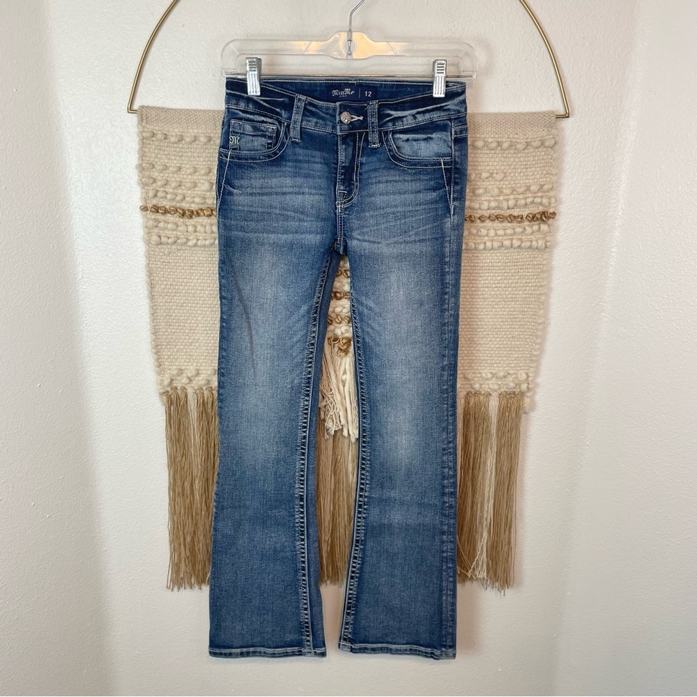 Miss Me Blue Denim Longhorn Rhinestone Pocket Mid Rise Bootcut Jean Girls 12